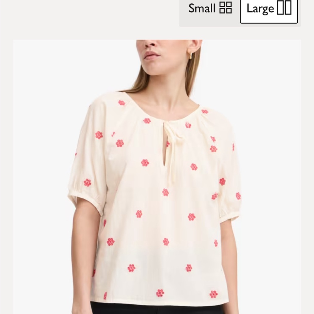 NWOT ICHI Elegant Cream Blouse with Red Floral Design